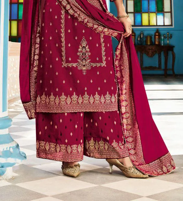 Gorgeous Dark Pink Colored Cotton Palazzo Suits With Printed Lace Work Dupatta