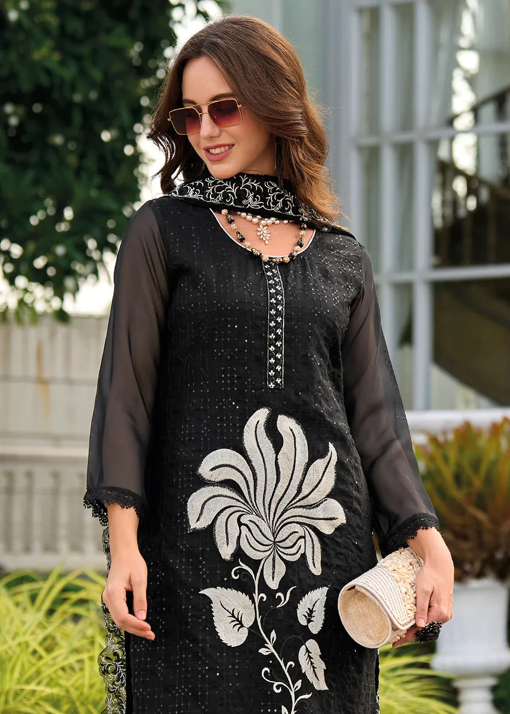 Graceful Black Color Heavy Organza With Fancy Embroidery Salwar Suits And Dupatta