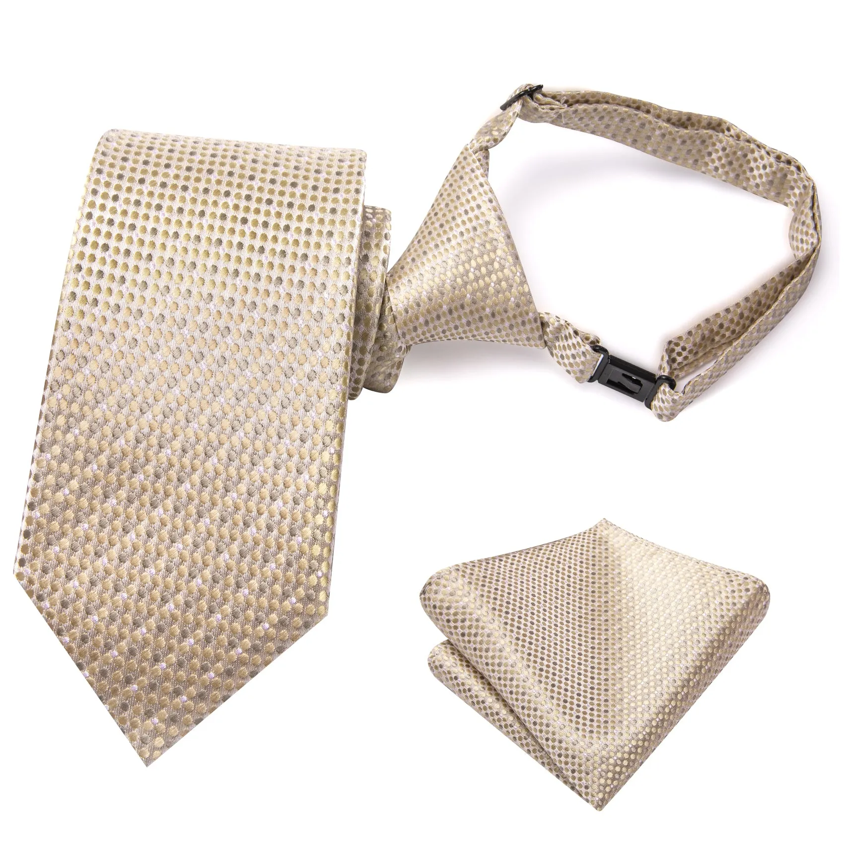 Hi-Tie Beige Dot Boys Pre-tied Adjustable Men's Necktie Pocket Square