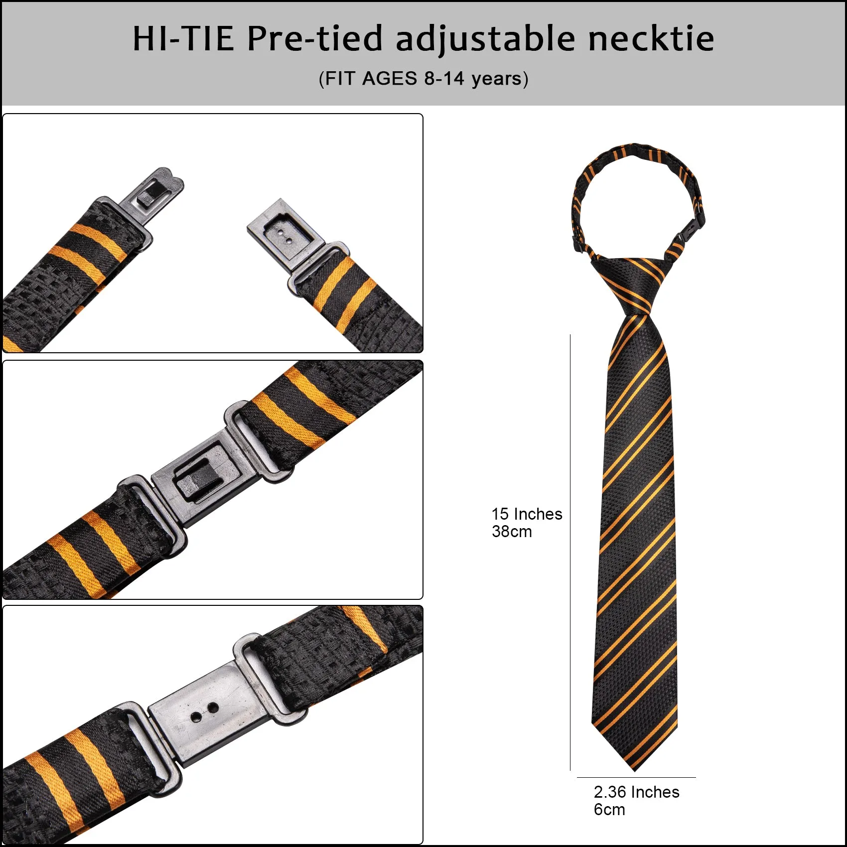 Hi-Tie Black Golden Striped Boys Pre-tied Adjustable Tie Pocket Square