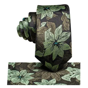 Hi-Tie Black Green Floral Children's Kids Boys Tie Pocket Square 6cm