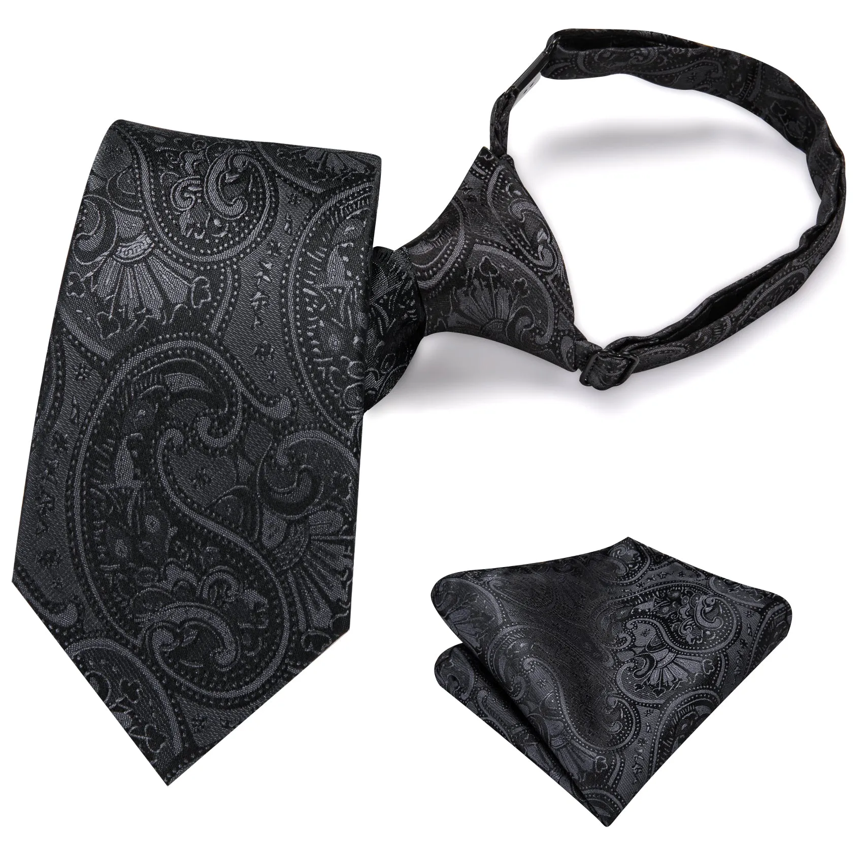 Hi-Tie Black Paisley Boys Pre-tied Adjustable Kids Tie Pocket Square