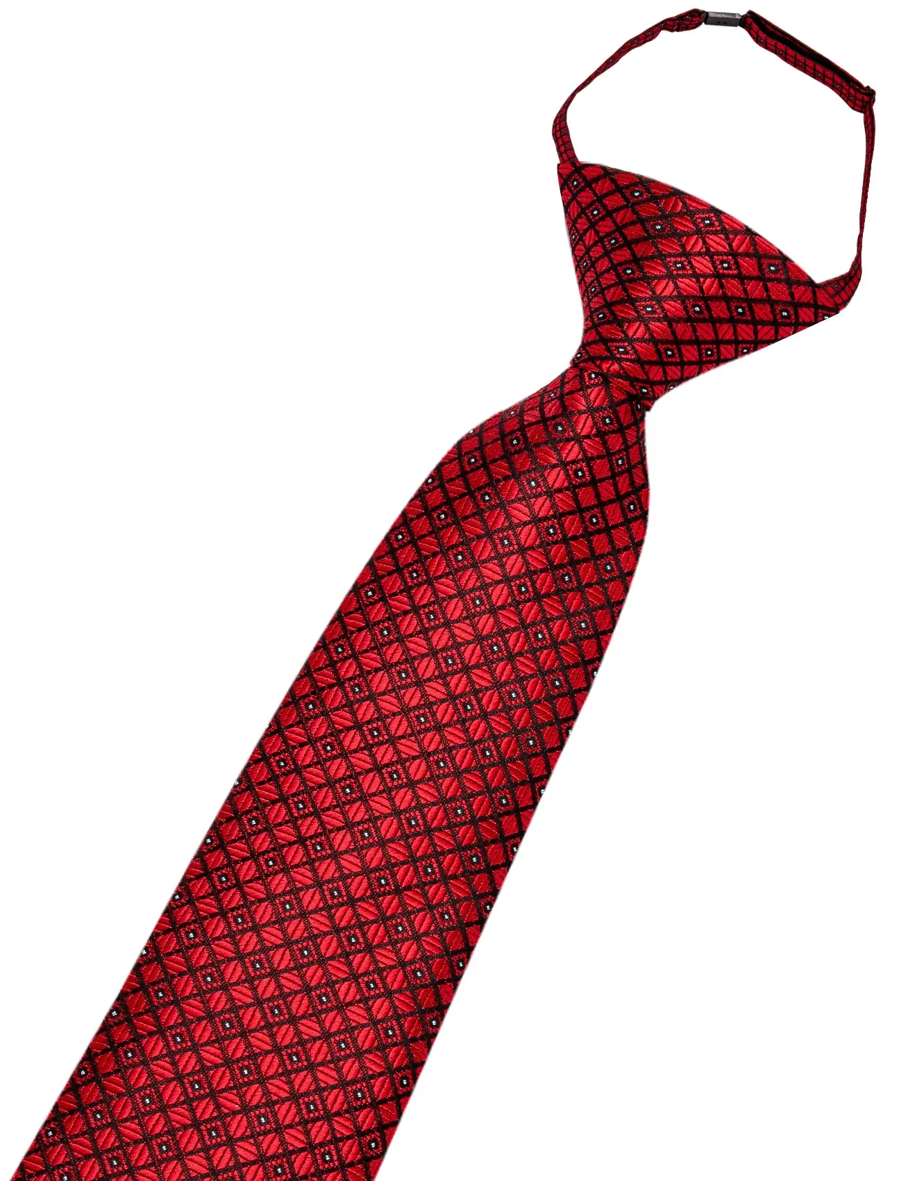 Hi-Tie Black Red Plaid Boys Pre-tied Adjustable Silk Tie Pocket Square