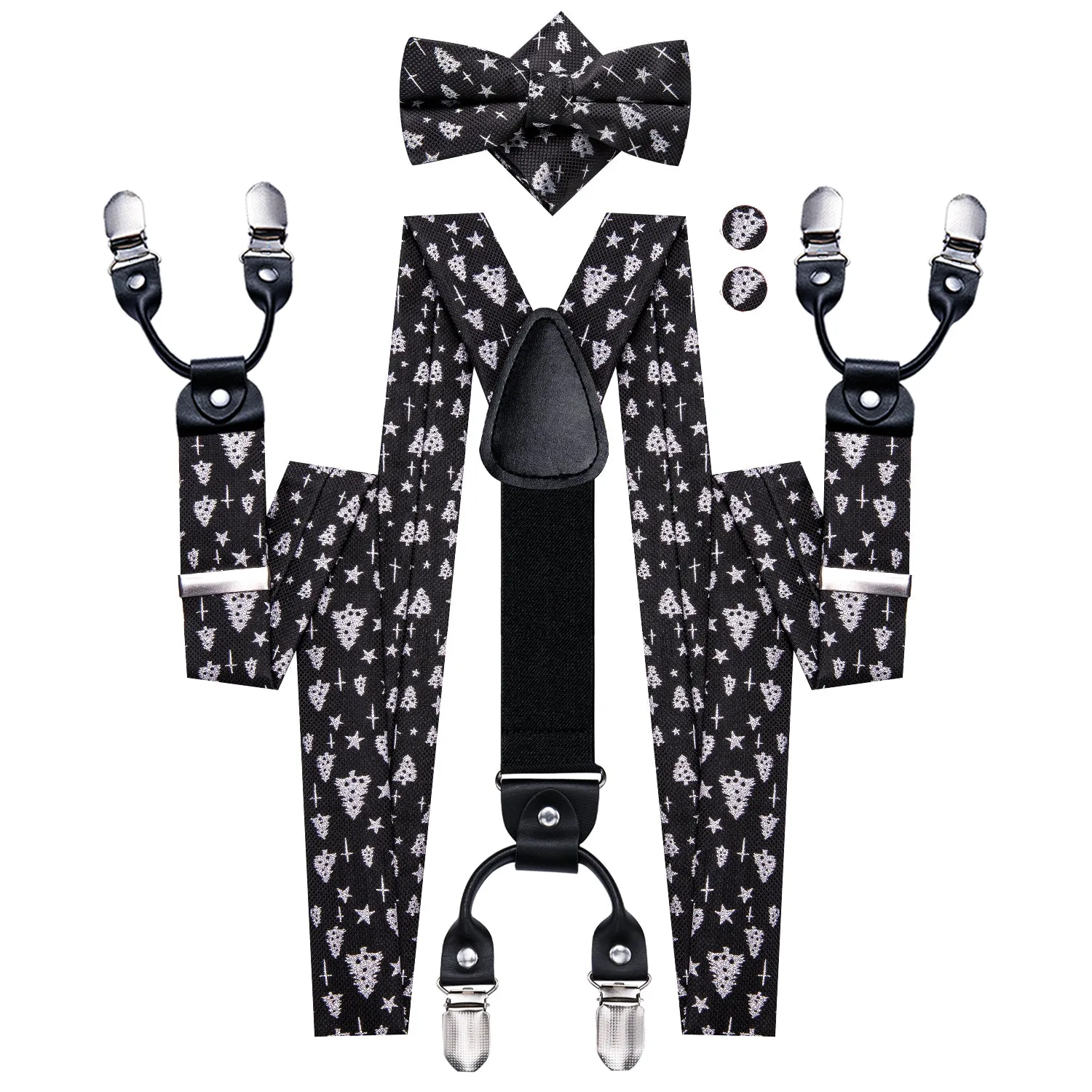 Hi-Tie Black White Christmas Tree Suspender Bowtie Hanky Cufflinks Set