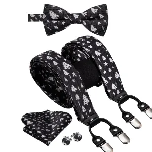 Hi-Tie Black White Christmas Tree Suspender Bowtie Hanky Cufflinks Set