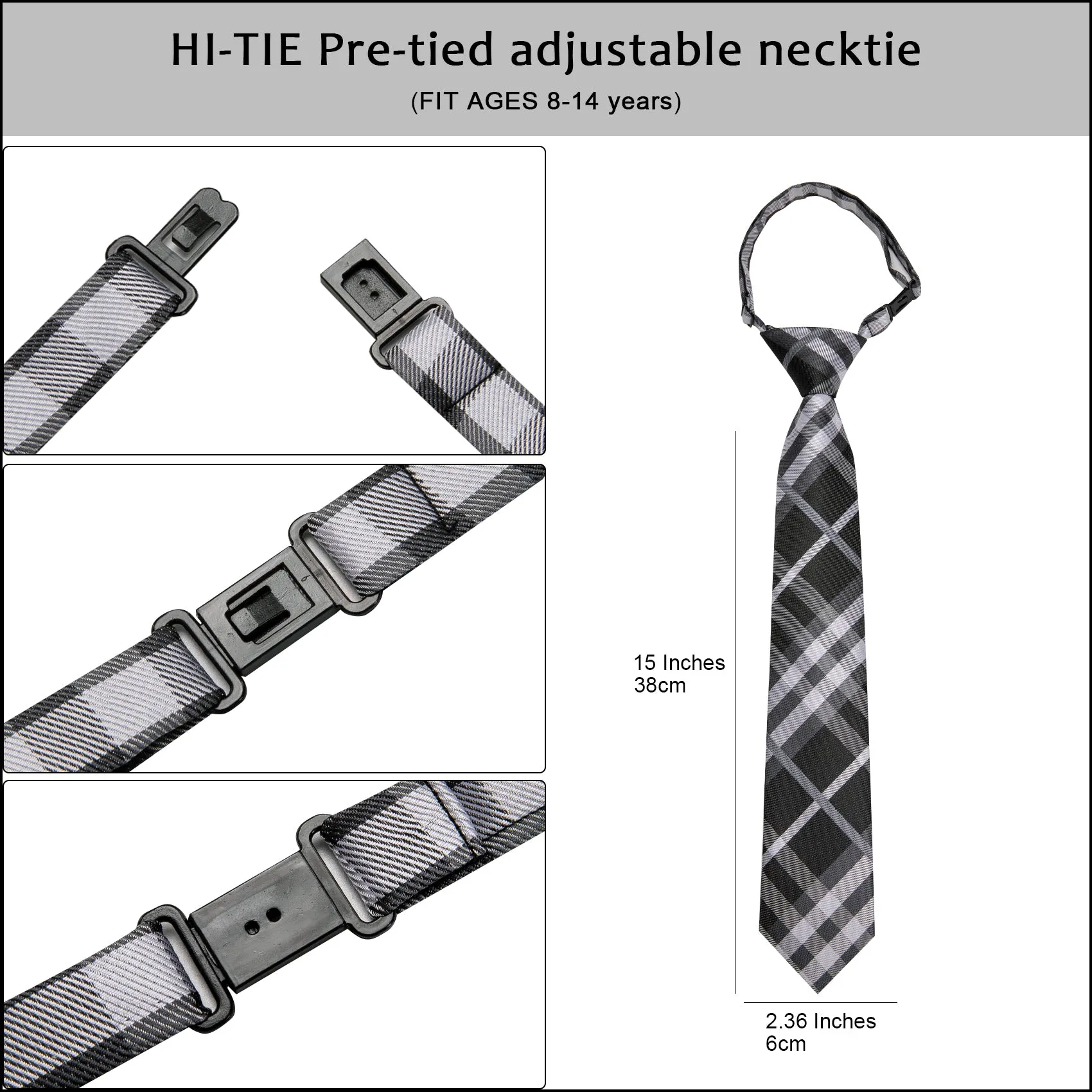 Hi-Tie Black White Plaid Pre-tied Adjustable Tie Pocket Square