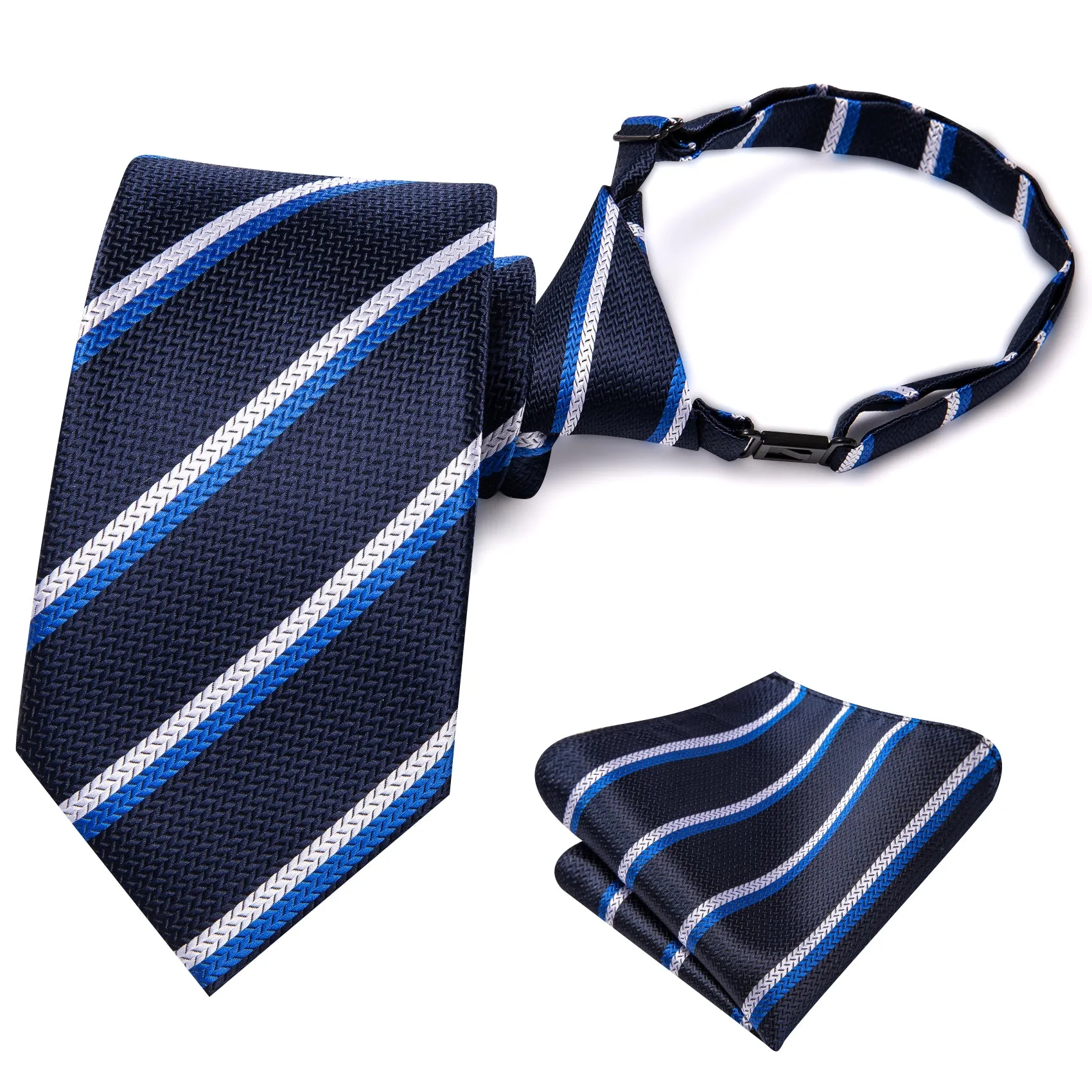 Hi-Tie Blue Striped Boys Pre-tied Adjustable Tie Pocket Square