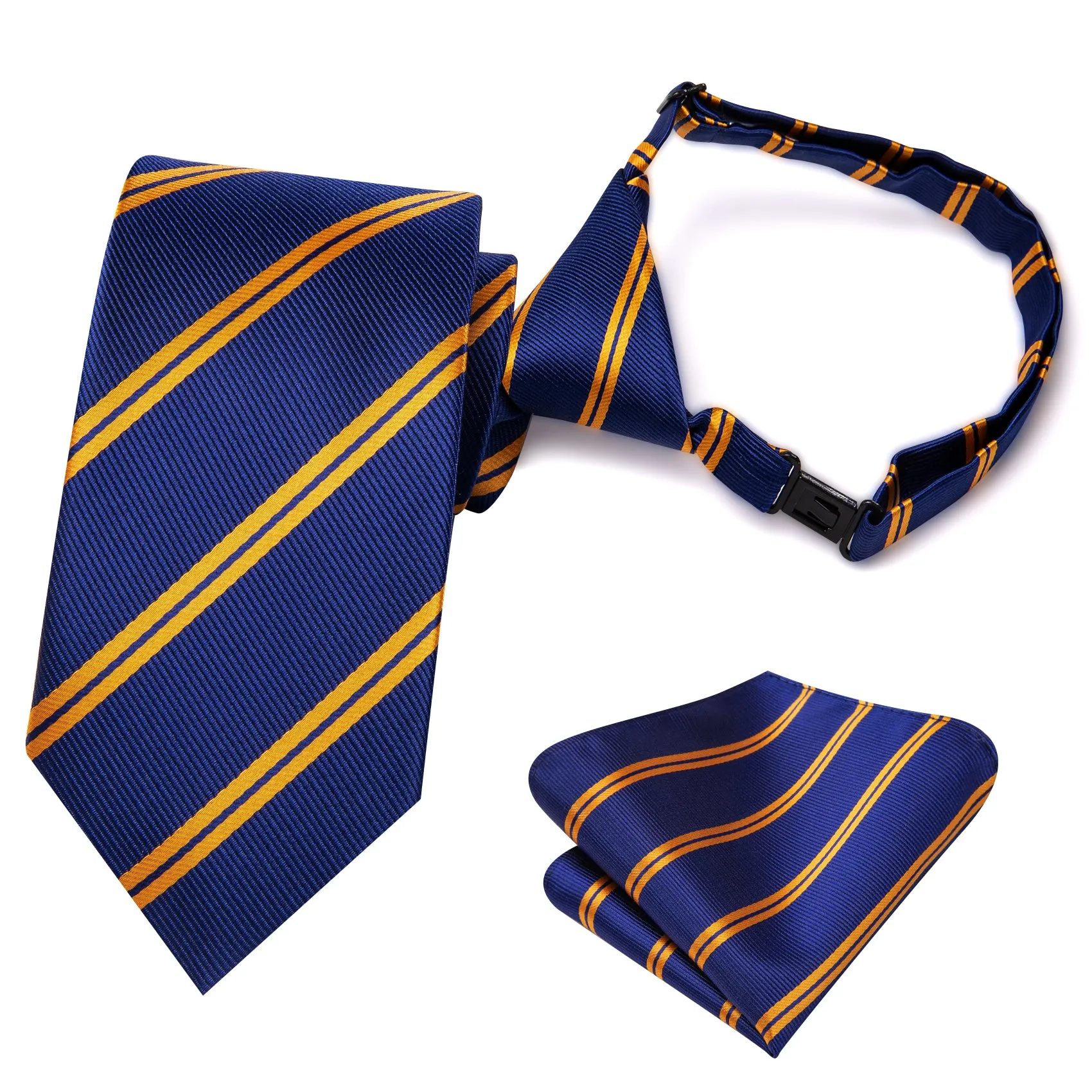 Hi-Tie Blue Yellow Striped Pre-tied Adjustable Tie Pocket Square