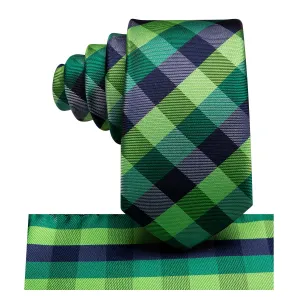 Hi-Tie Checkered Tie Green Teal Blue Plaid Kids Tie Pocket Square 6cm