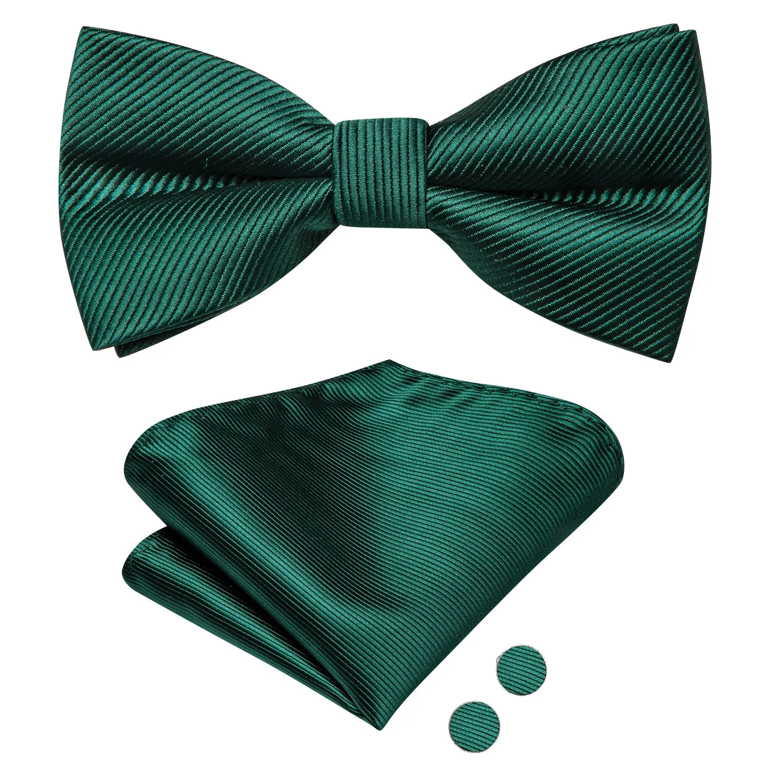 Hi-Tie Dark Green Solid Children's Kids Bow Tie Hanky Cufflinks Set