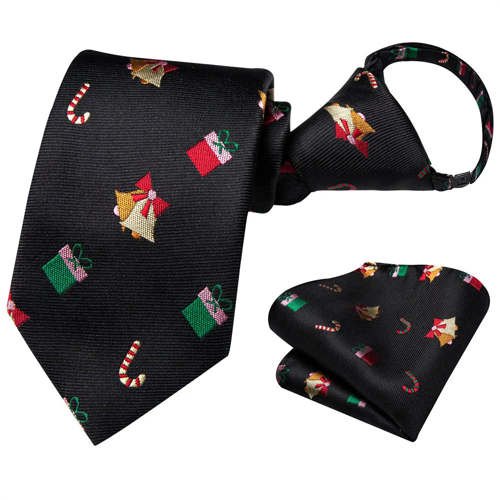 Hi-Tie Kids Christmas Tie Black Pre-Tied Adjustable Tie Pocket Square Set