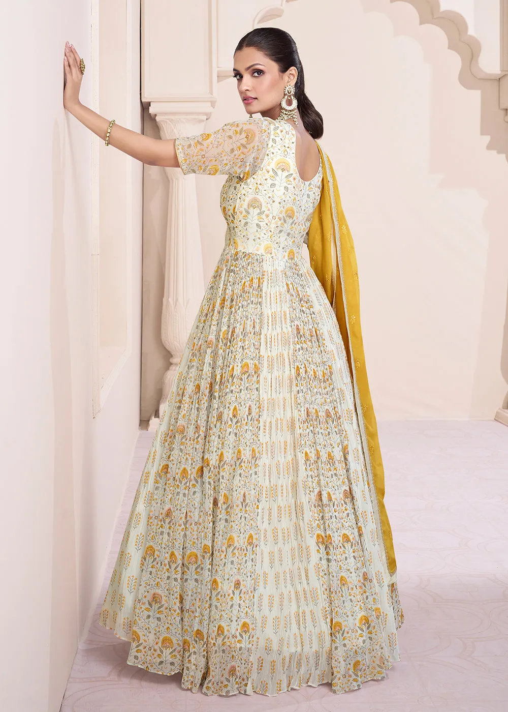 Ivory & Mustard Georgette Printed & Embroidered Anarkali Dress