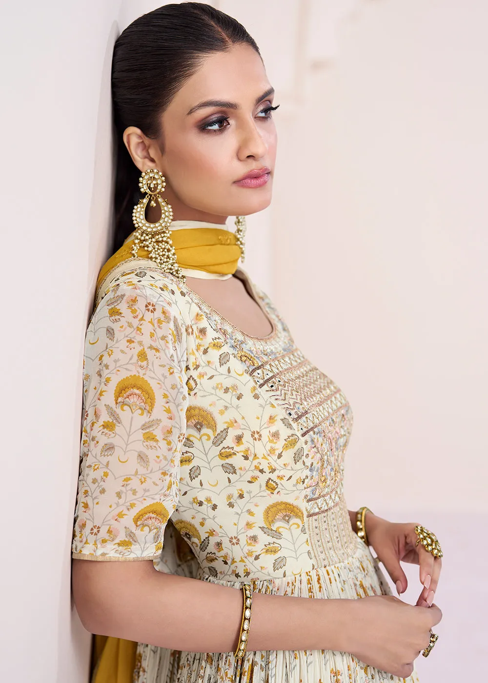 Ivory & Mustard Georgette Printed & Embroidered Anarkali Dress