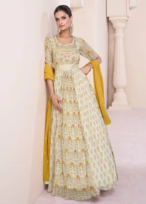 Ivory & Mustard Georgette Printed & Embroidered Anarkali Dress