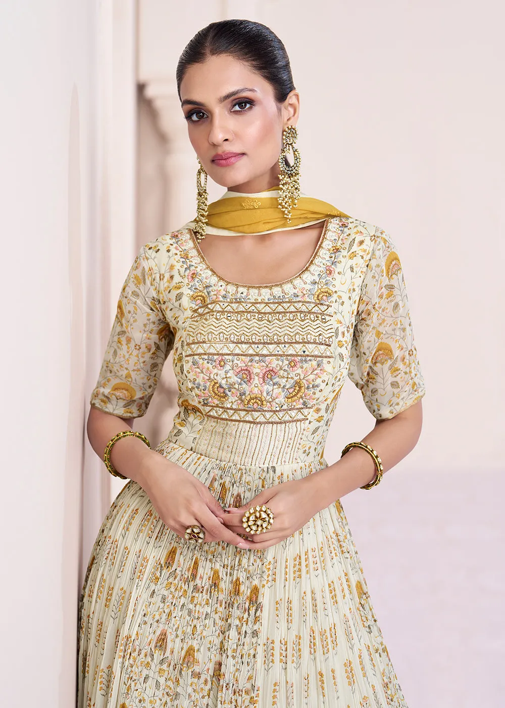 Ivory & Mustard Georgette Printed & Embroidered Anarkali Dress