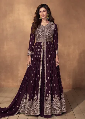 Lehenga Style Plum Purple Wedding Wear Anarkali Suit