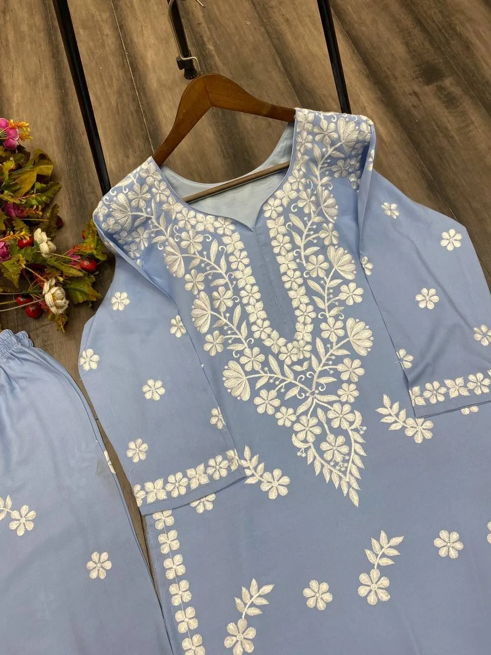 Lovely Sky Blue Color Rayon Sharara Suits With Embroidery Work For Women