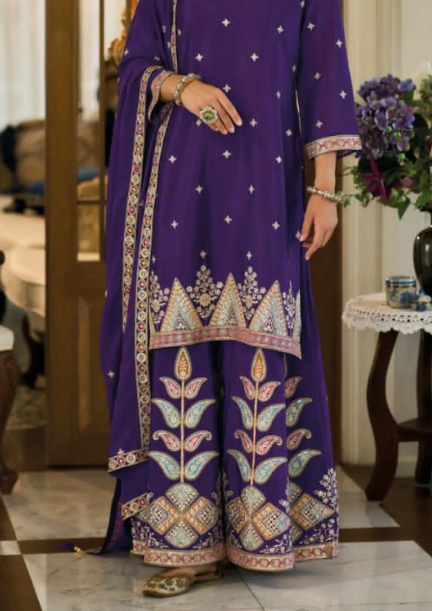 Lovely Violet Color Chinon With Embroidery Work Designer Palazzo Suits With Dupatta