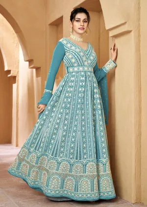 Lucknowi Floor Length Olympic Blue Ethnic Anarkali Suit