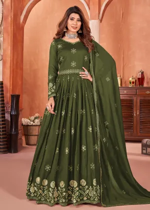 Mehndi Green Festive Embroidered Art Silk Anarkali Suit