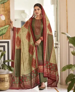 Mumtaz Lawn Cotton Unstitched Green Salwar Suit Material With Neck Embroidery