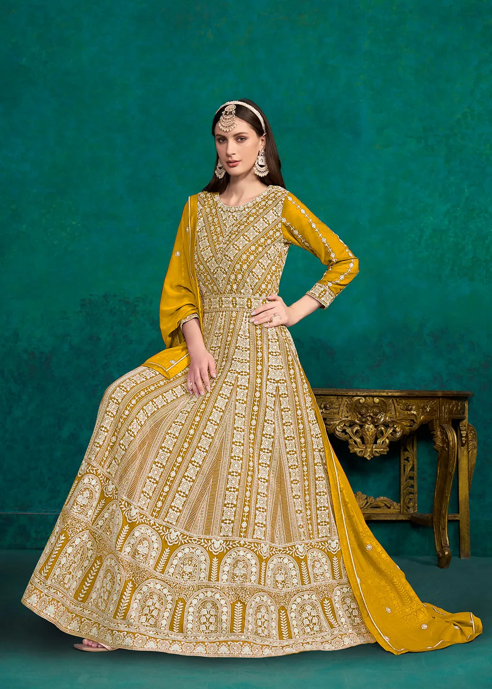 Mustard Lucknowi Embroidered Wedding Anarkali Suit