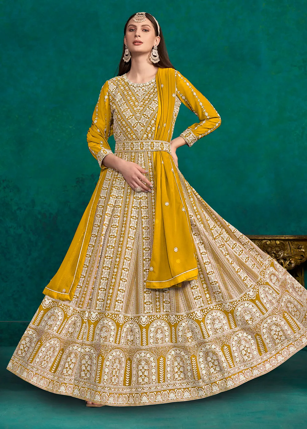 Mustard Lucknowi Embroidered Wedding Anarkali Suit