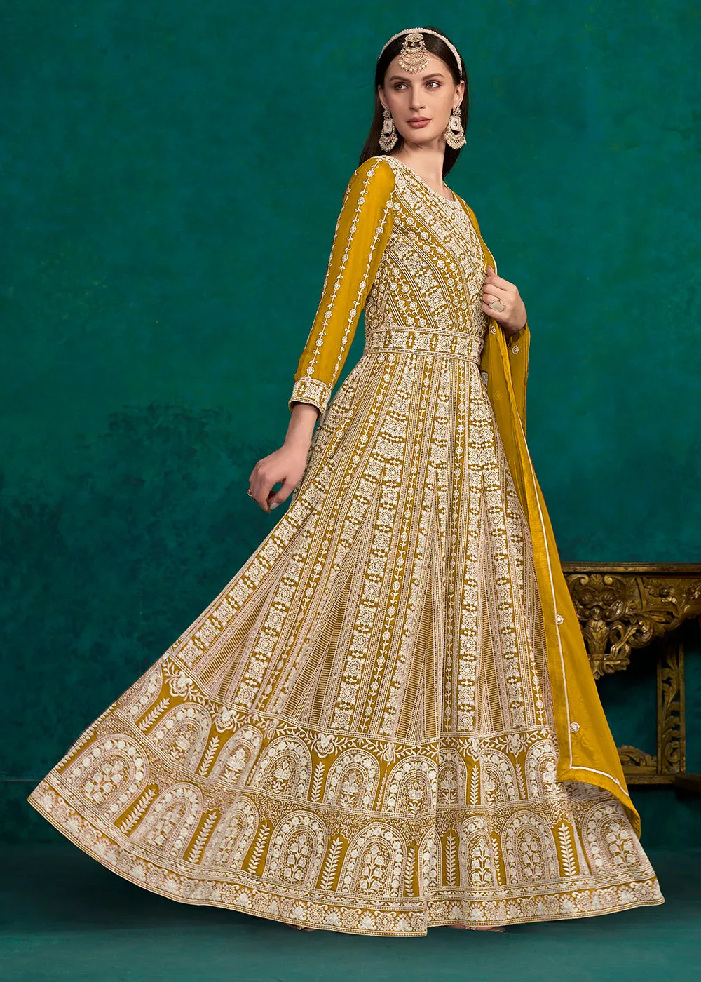 Mustard Lucknowi Embroidered Wedding Anarkali Suit