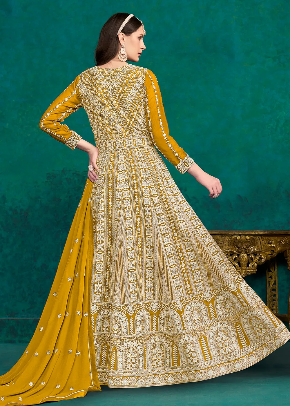 Mustard Lucknowi Embroidered Wedding Anarkali Suit