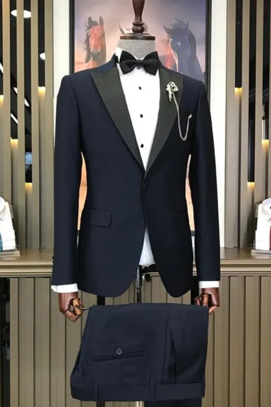 Navy Blue Peaked Lapel Two Pieces Prom Suits One Buttom Wedding Suits