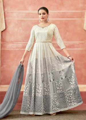 Off White & Grey Georgette Embroidered Festive Anarkali Suit