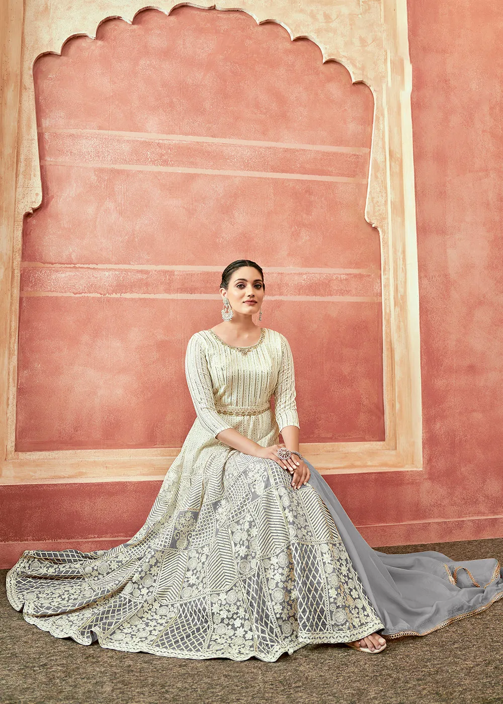 Off White & Grey Georgette Embroidered Festive Anarkali Suit