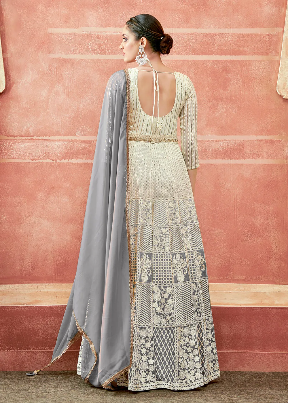 Off White & Grey Georgette Embroidered Festive Anarkali Suit