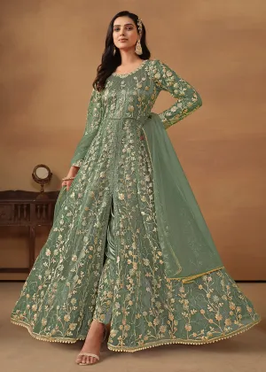 Pant Style Sage Green Embroidered Net Wedding Anarkali Suit