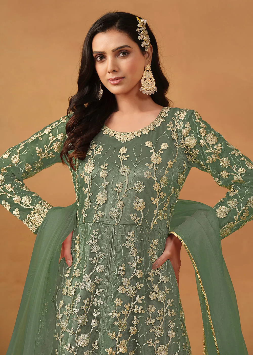 Pant Style Sage Green Embroidered Net Wedding Anarkali Suit