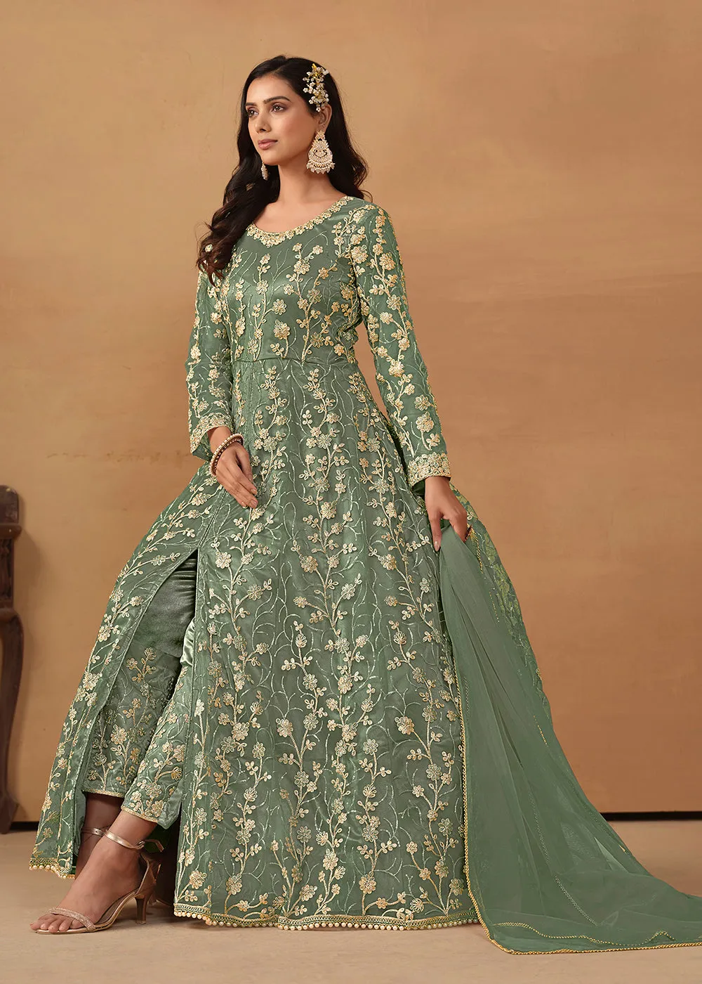 Pant Style Sage Green Embroidered Net Wedding Anarkali Suit