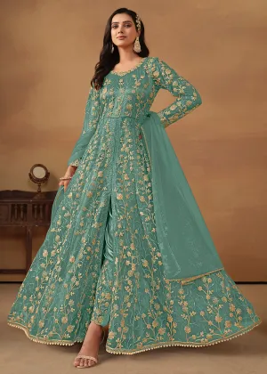 Pant Style Turquoise Embroidered Net Wedding Anarkali Suit