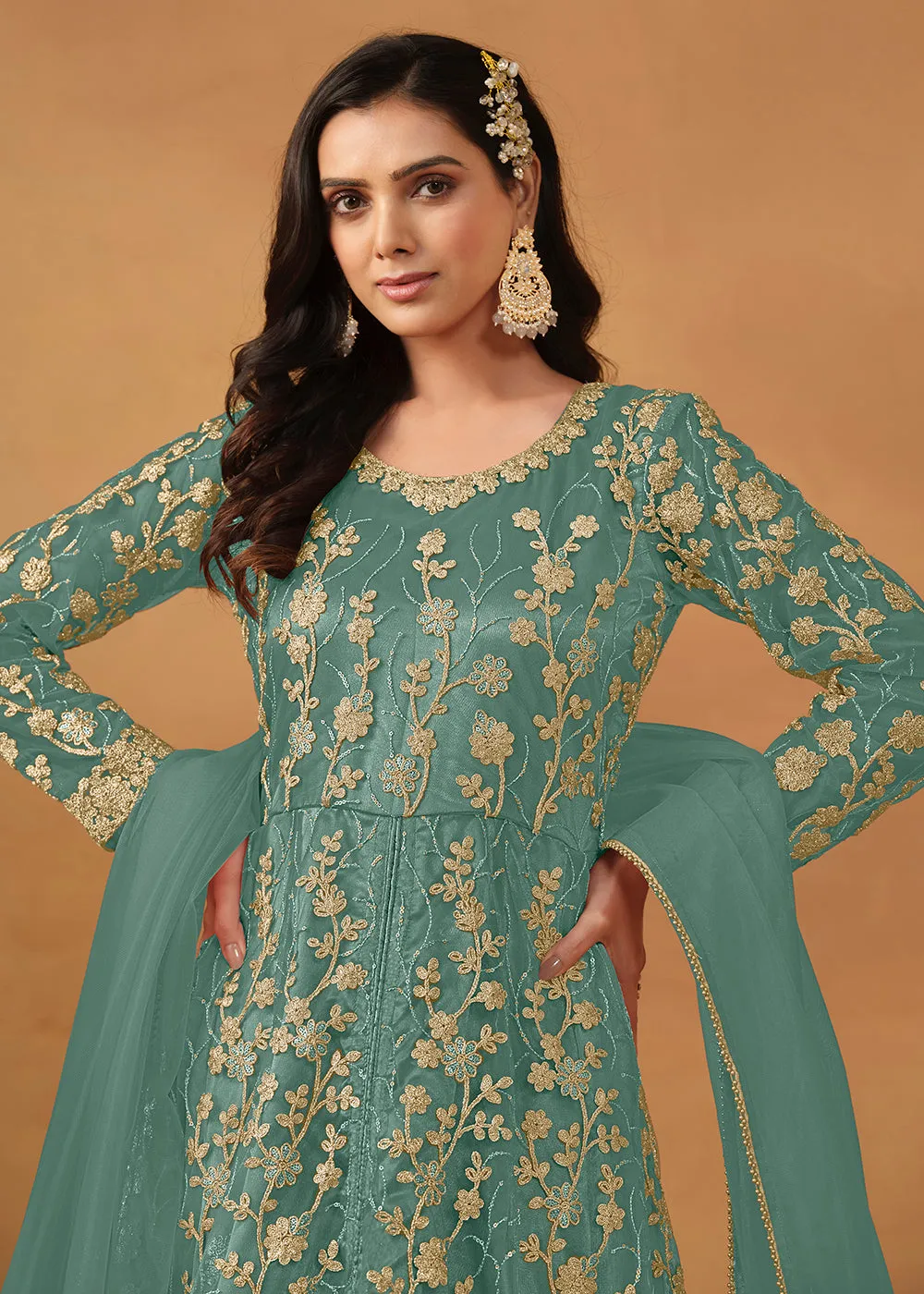 Pant Style Turquoise Embroidered Net Wedding Anarkali Suit