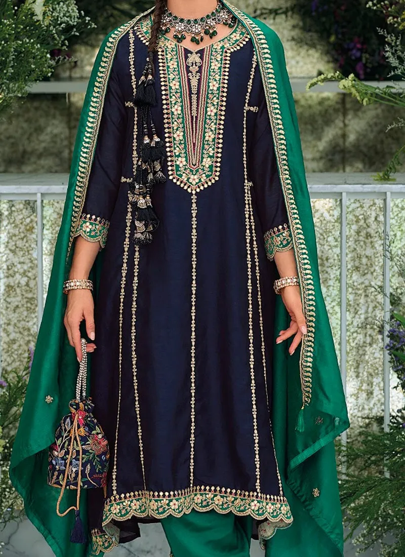 Pleasing Blue Color Premium Silk Embroidery Kurti With Dupatta