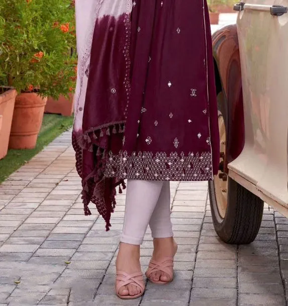 Pretty Maroon Color Rayon Wrinkle Salwar Suits With Chanderi Work Dupatta