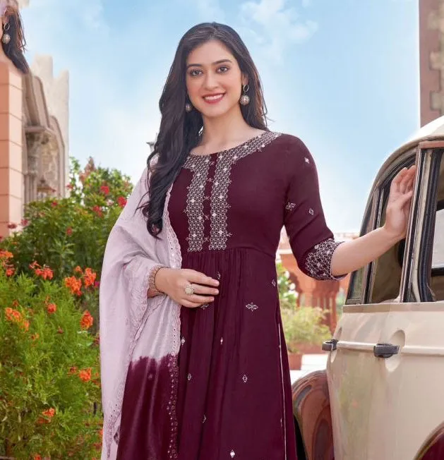 Pretty Maroon Color Rayon Wrinkle Salwar Suits With Chanderi Work Dupatta