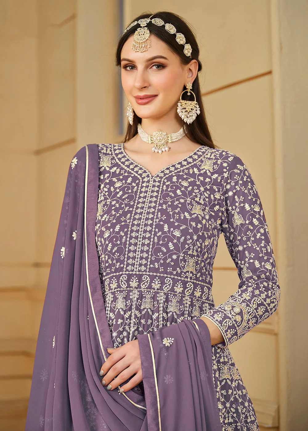 Pretty Purple Thread & Sequins Georgette Anarkali Suit