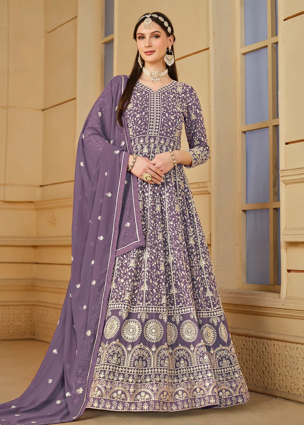 Pretty Purple Thread & Sequins Georgette Anarkali Suit