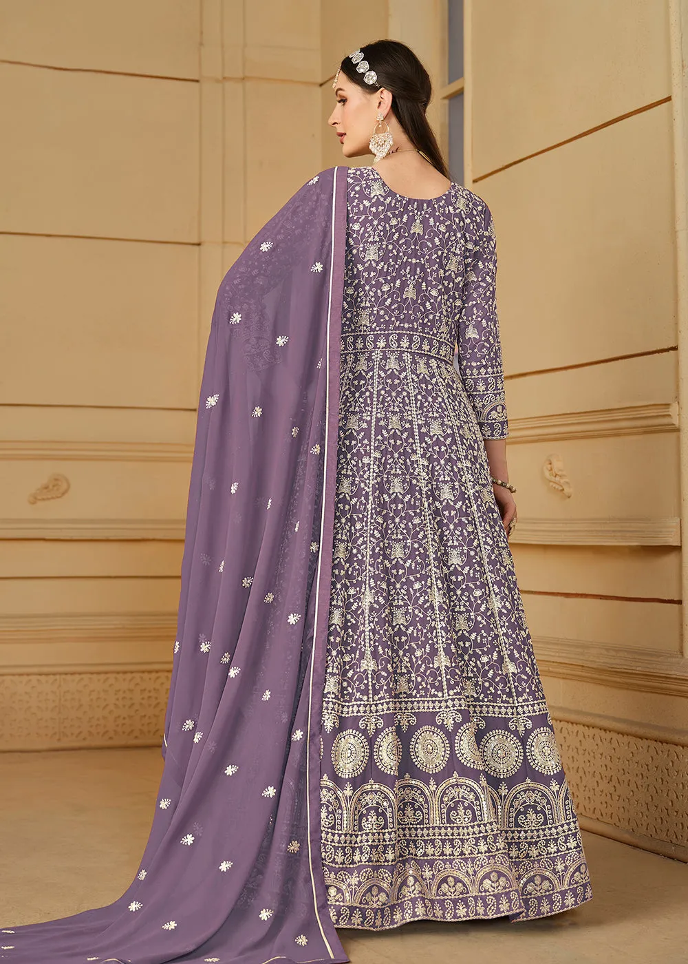 Pretty Purple Thread & Sequins Georgette Anarkali Suit