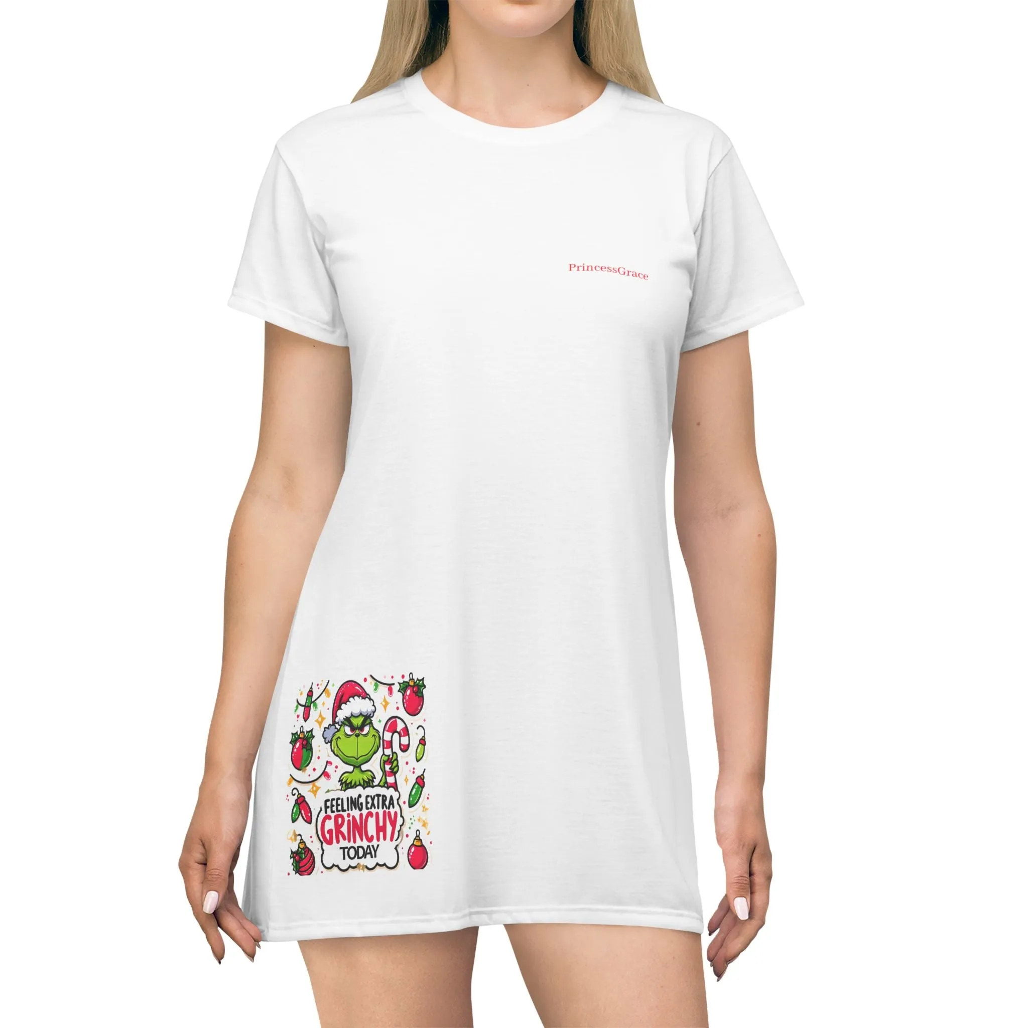 Princess Grace Grinchy Feeling T-Shirt Dress  Fun Holiday Outfit for Christmas Cheer