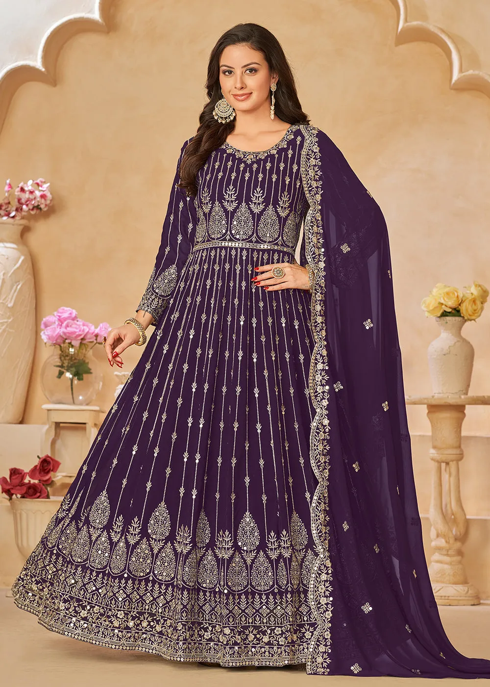 Purple Resham Zari Embroidered Festive Anarkali Suit