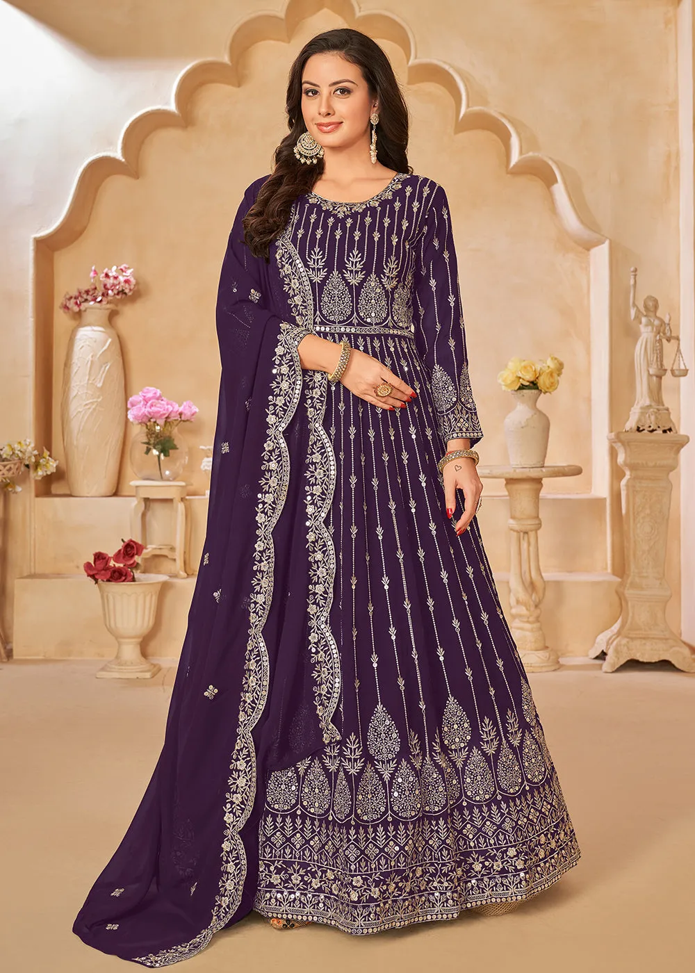 Purple Resham Zari Embroidered Festive Anarkali Suit