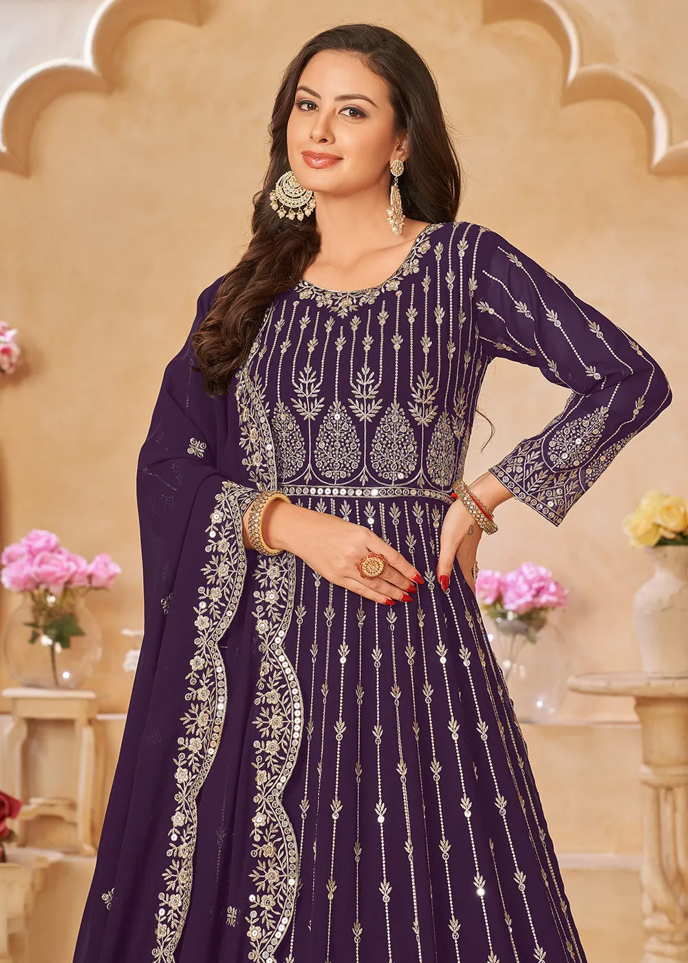 Purple Resham Zari Embroidered Festive Anarkali Suit