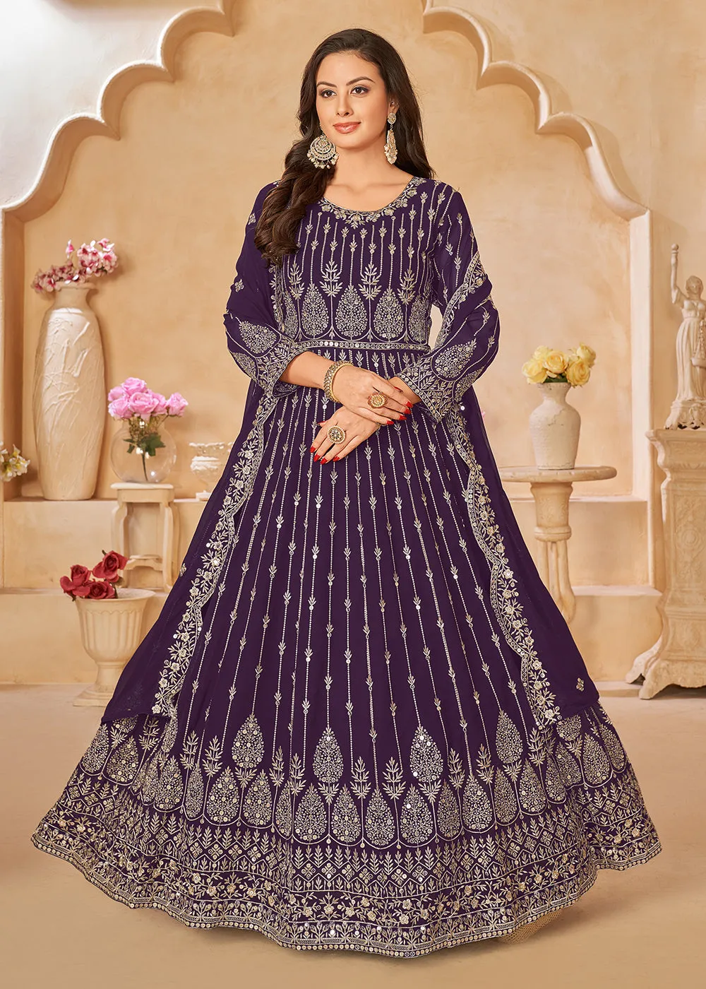 Purple Resham Zari Embroidered Festive Anarkali Suit