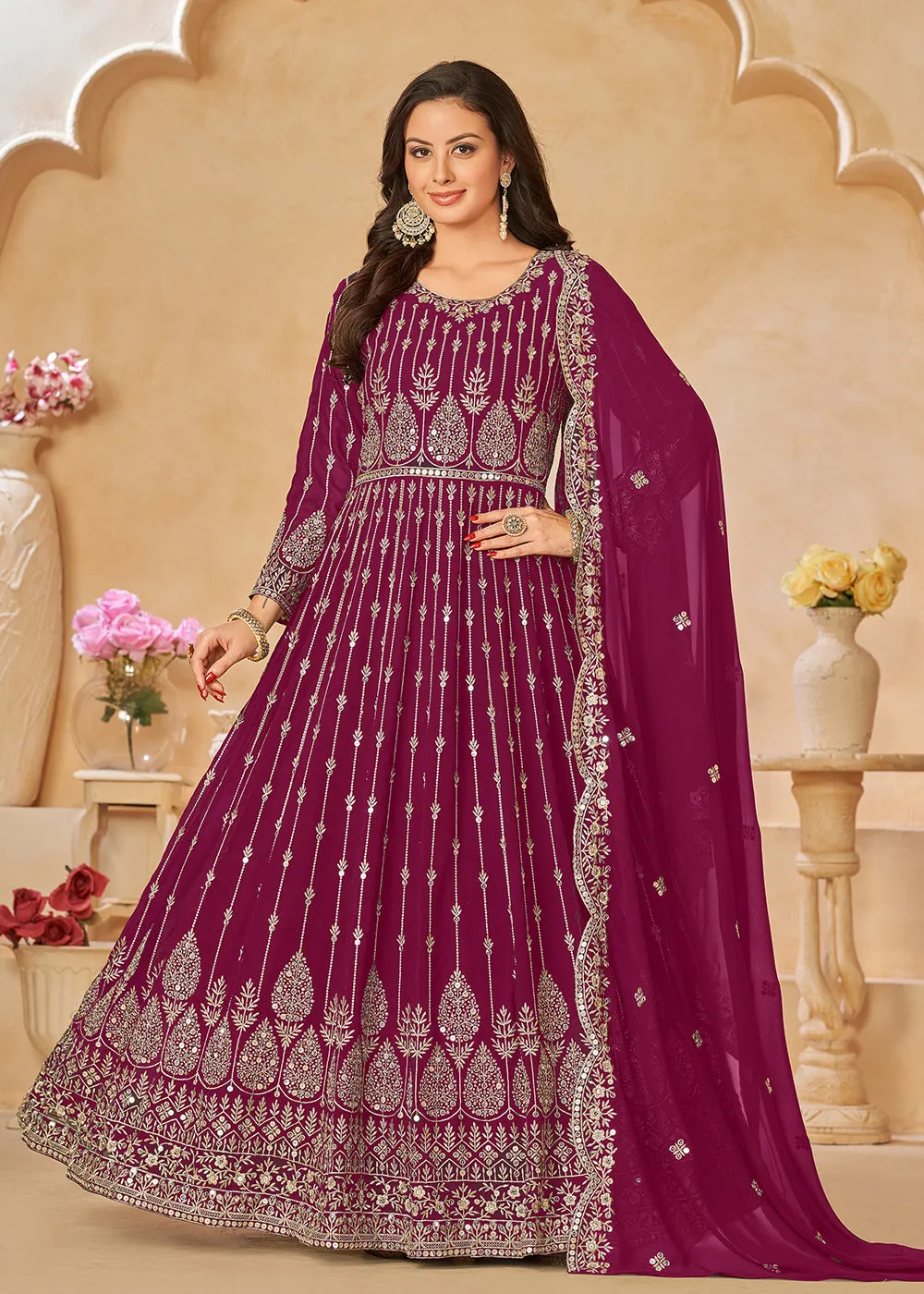 Rani Pink Resham Zari Embroidered Festive Anarkali Suit